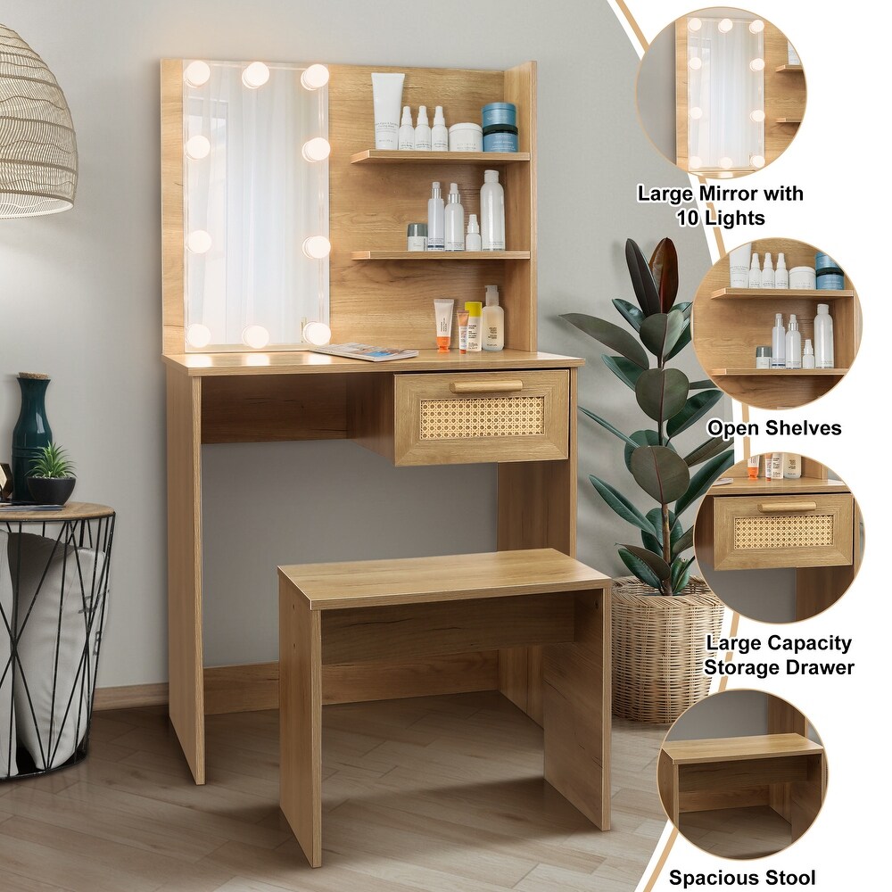 Vanity Desk Set Stool   Dressing Table with LED Lighting Mirror Drawer and Compartments Modern Wood Cosmetic Table