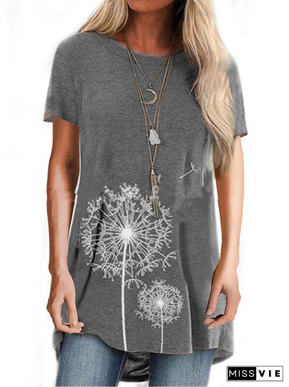 Women Short Sleeve Round Neck Top Floral Printed T-shirt