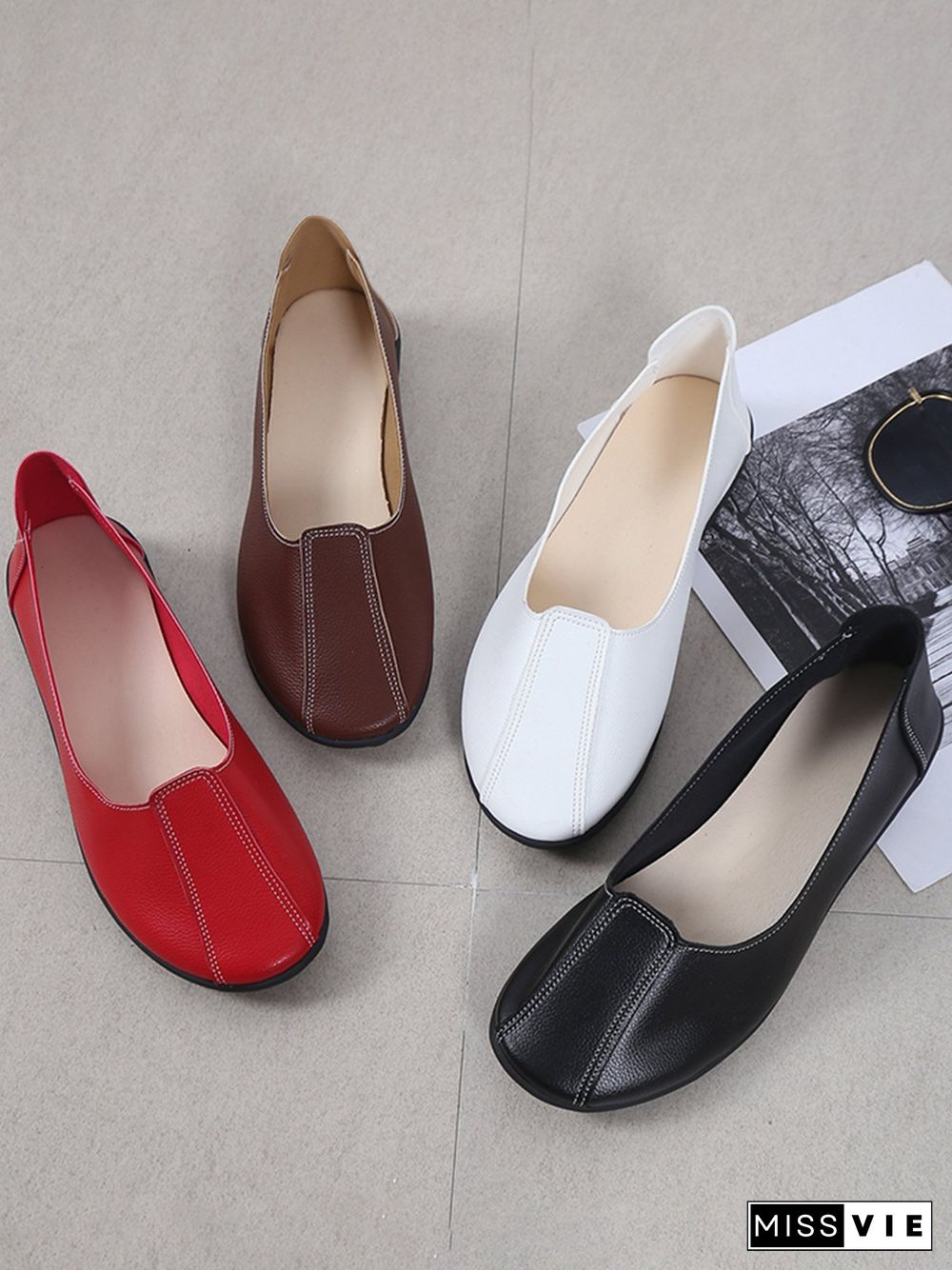 Women Casual Plain All Season Wearable Daily Flat Heel Pu Rubber Slip On Flats