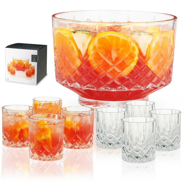 Viski Admiral Punch Bowl Set With 8 Tumblers Cut Crystal Cocktail Party Serveware Dishwasher Safe 2 5 Gallons 9 Oz Glasses Set Of 9 Clear Finish