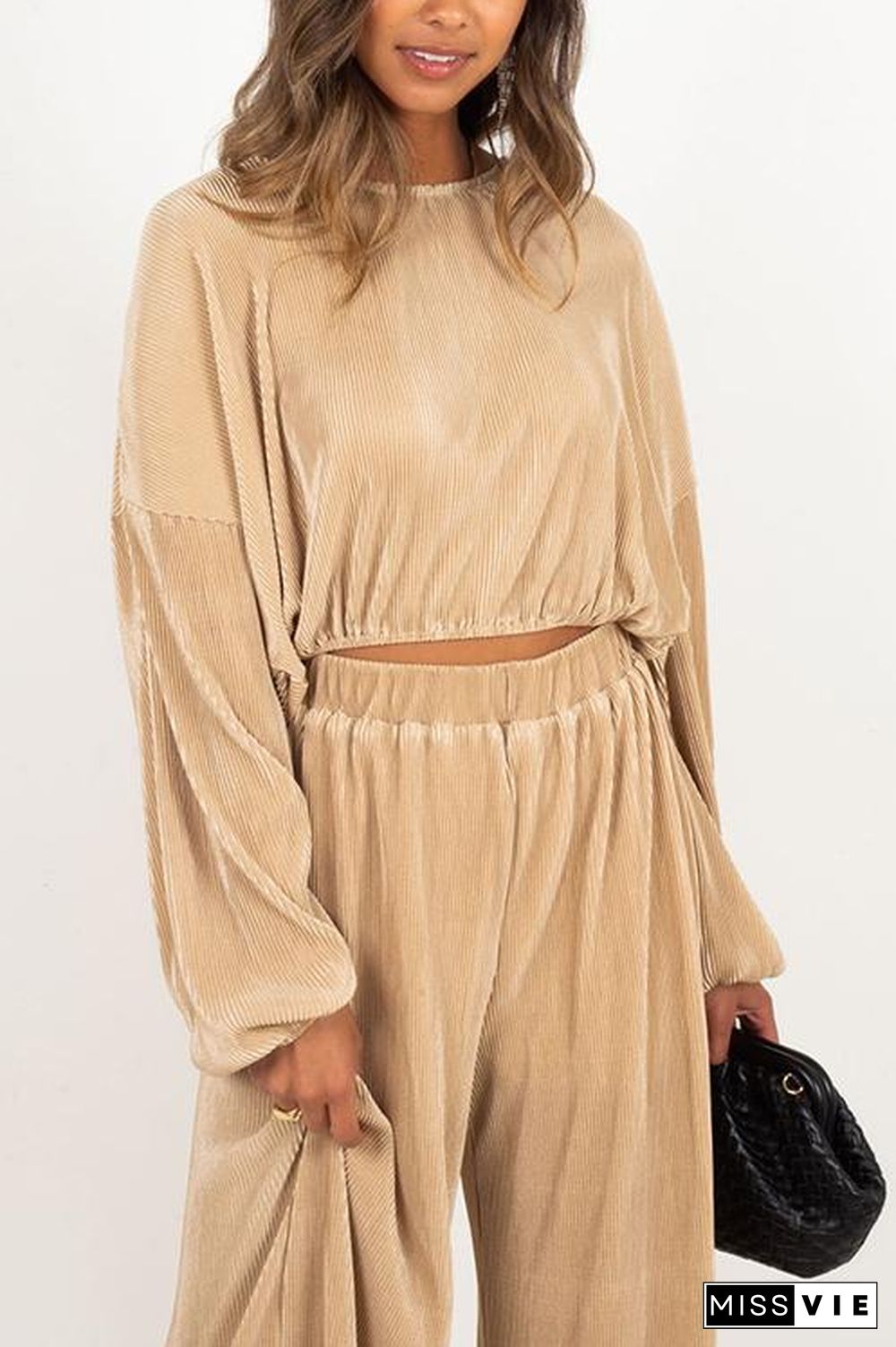 Pleated Crop Blouse Wide Leg Pants Set