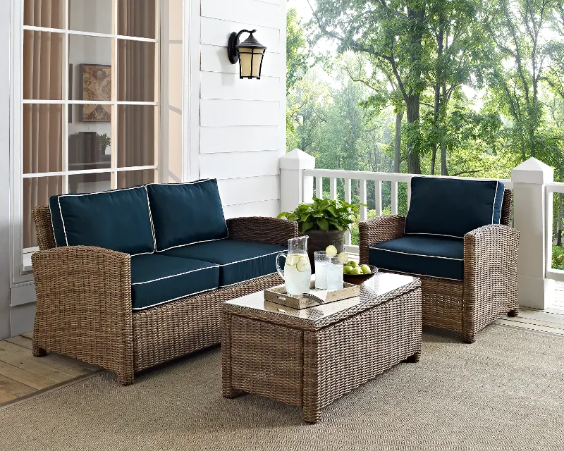 Bradenton Navy and Wicker 3 pc Loveseat， Armchair， and Table Set