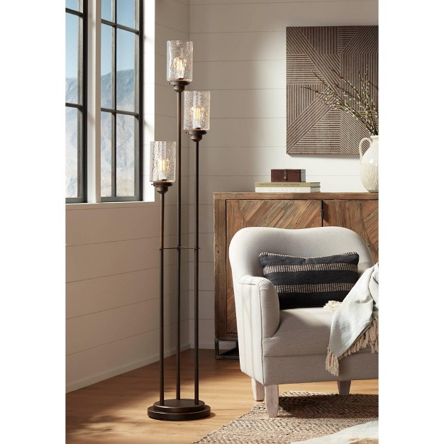 Tall Oiled Bronze Metal 3 Light Dimmable Led Amber Seedy Glass For Living Room Bedroom