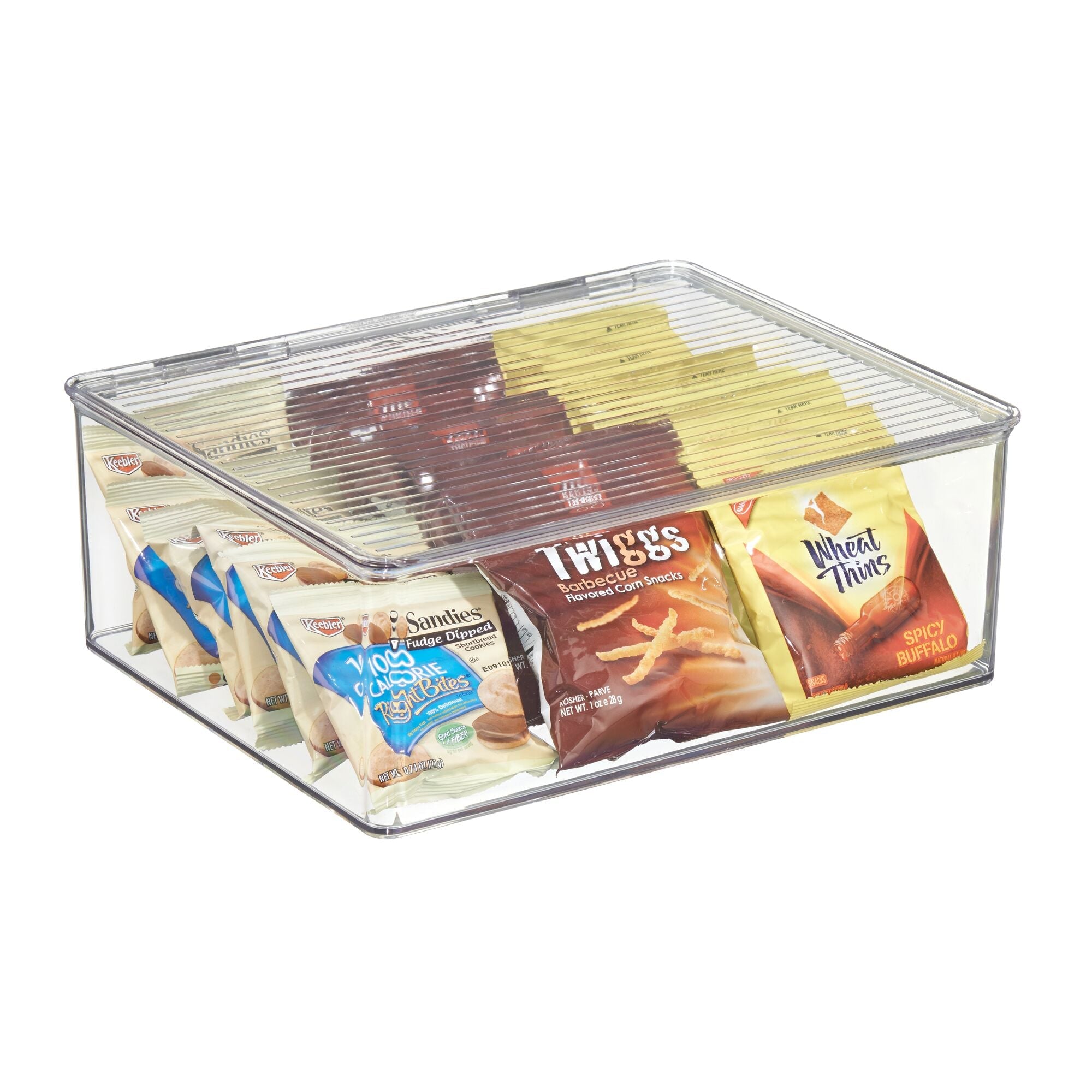 mDesign Plastic Kitchen Pantry and Fridge Storage Organizer Box Containers with Hinged Lid for Shelves or Cabinets, Holds Food, Snacks, Canned Drinks, Seasoning, Condiments, or Utensils, 4 Pack, Clear