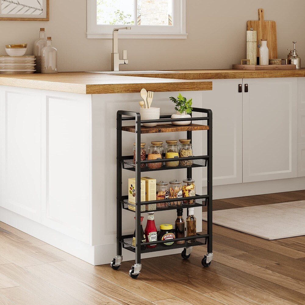 4 Tier Rolling Cart Kitchen Storage Cart with Handle and Lockable Casters