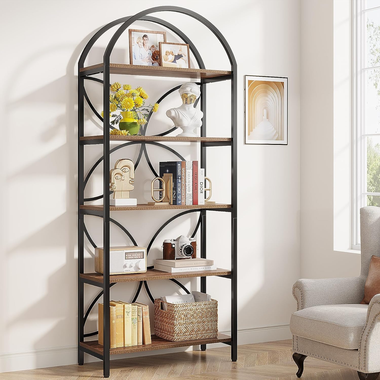 5-Tier Bookshelf, 75 Tall Arched Bookcase Display Rack