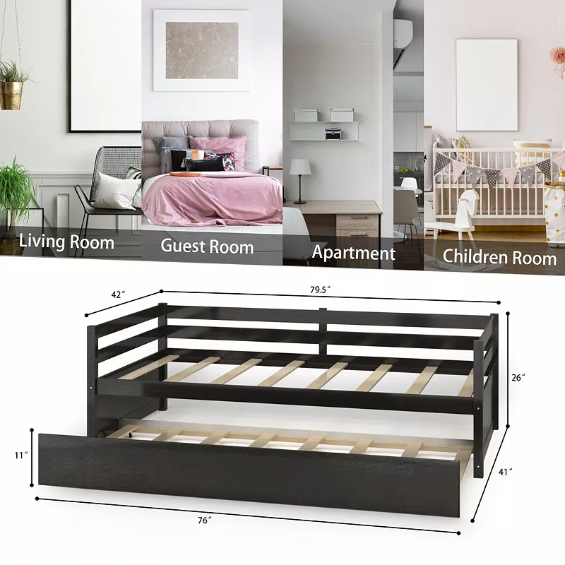 Twin Size Wooden Slat Trundle Platform