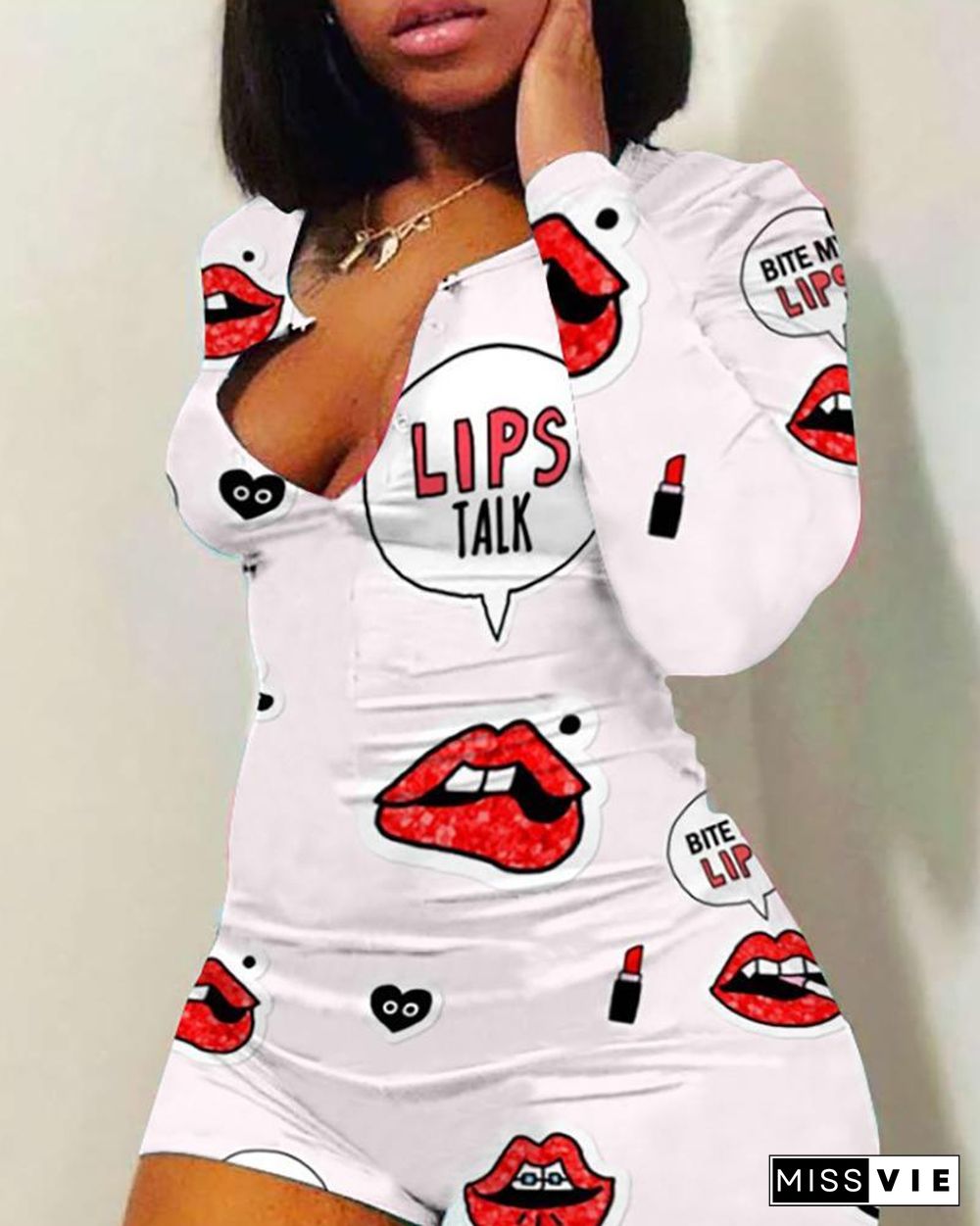 Lip Cartoon Print Plunge Romper P13274