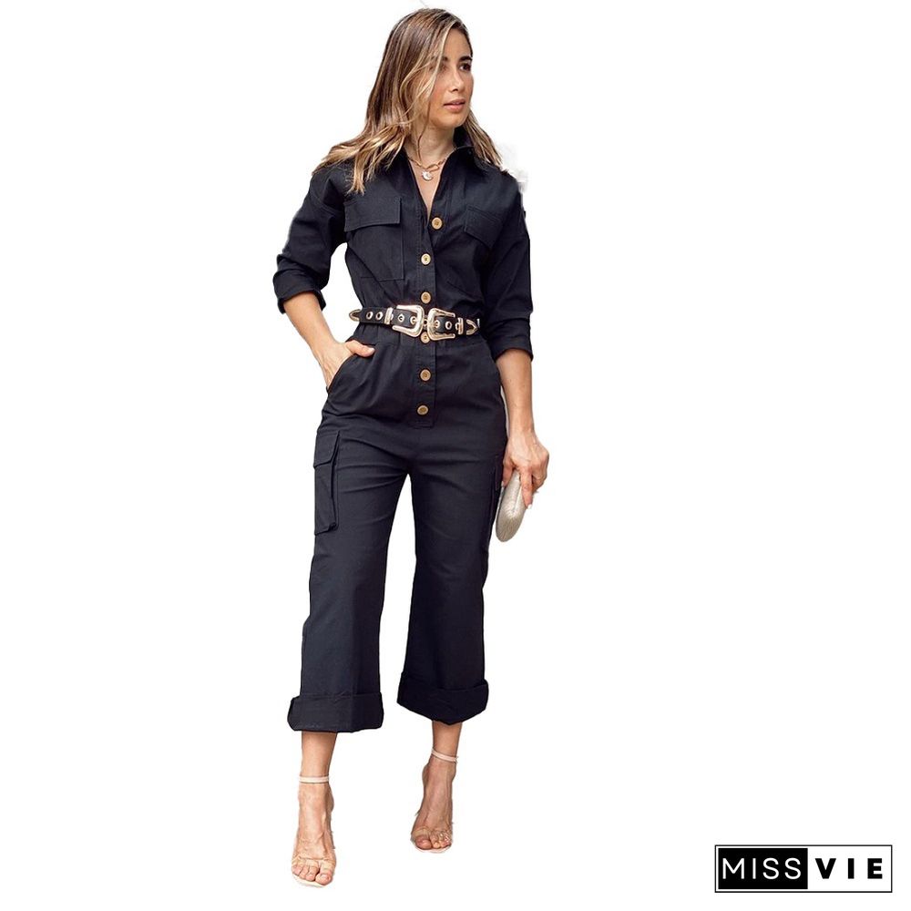 Black Loose Buttons Cargo Long Jumpsuits