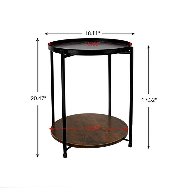 Round Wood Side Table with Storage， 2 Layer Black Metal Frame End Table