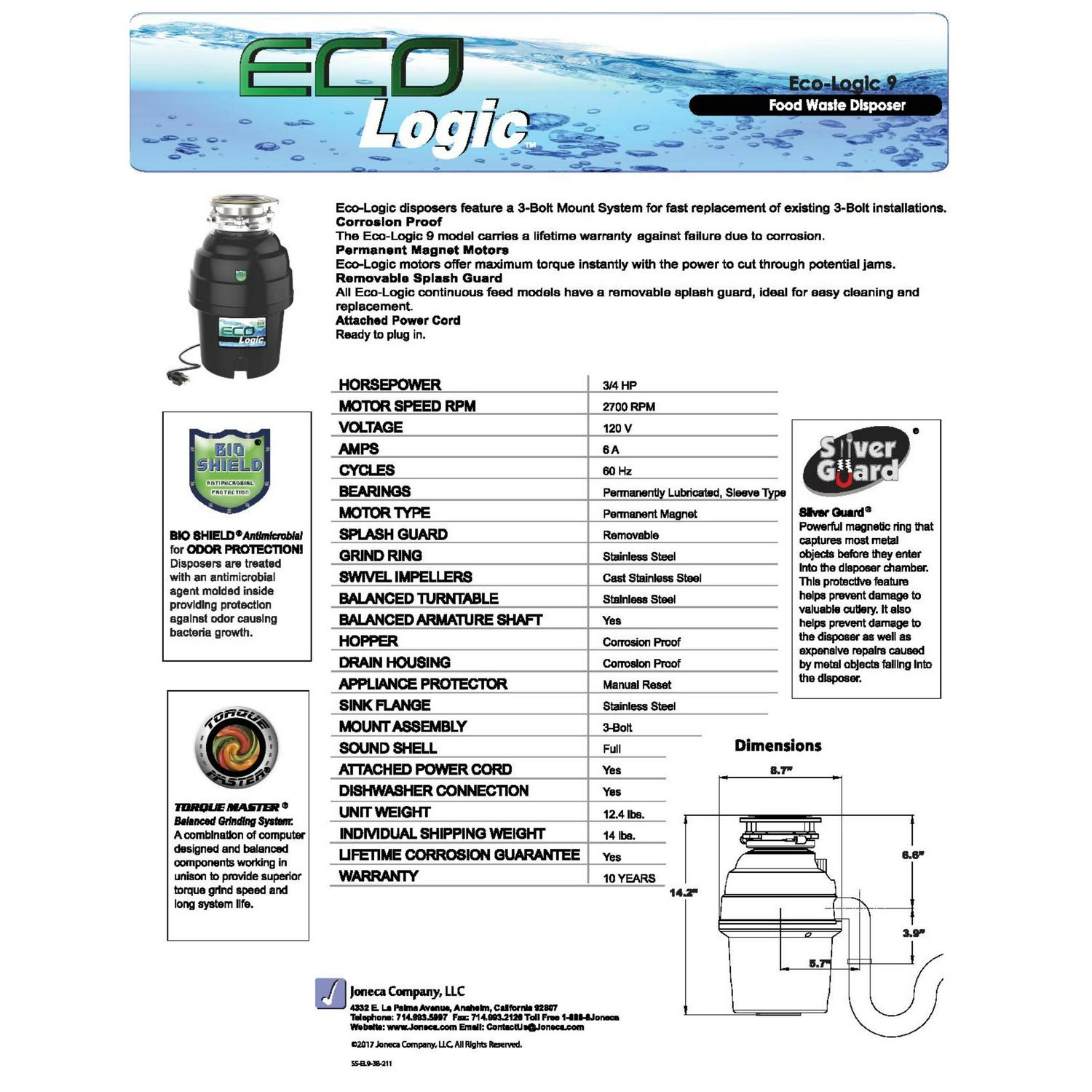 Eco Logic 3/4 HP Garbage Disposal with Polished Chrome Sink Flange 10-US-EL-9-DS-3B-PC