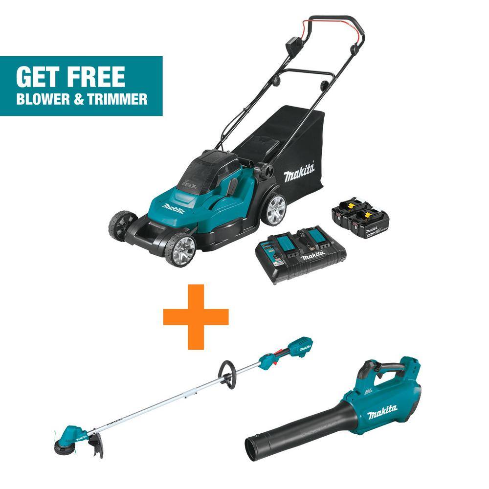 Makita 18V X2 (36V) LXT 17 in. Walk Behind Residential Lawn Mower Kit (5.0Ah) wBonus LXT Blower and LXT 13 in. String Trimmer XML05PT-XBU3XRU