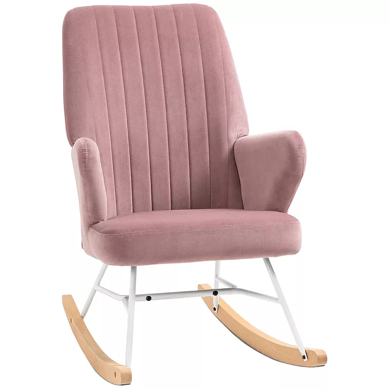 HOMCOM Accent Rocking Chairs， Uphostered Nursery Glider Rocker， Modern Armchair， Wingback Chair for Living Room and Bedroom， Pink