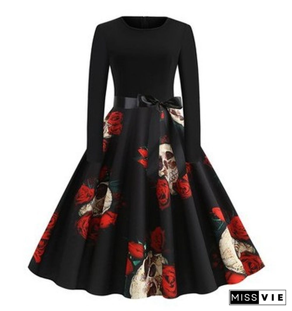 Halloween Print Stitching Long-Sleeved Big Dress