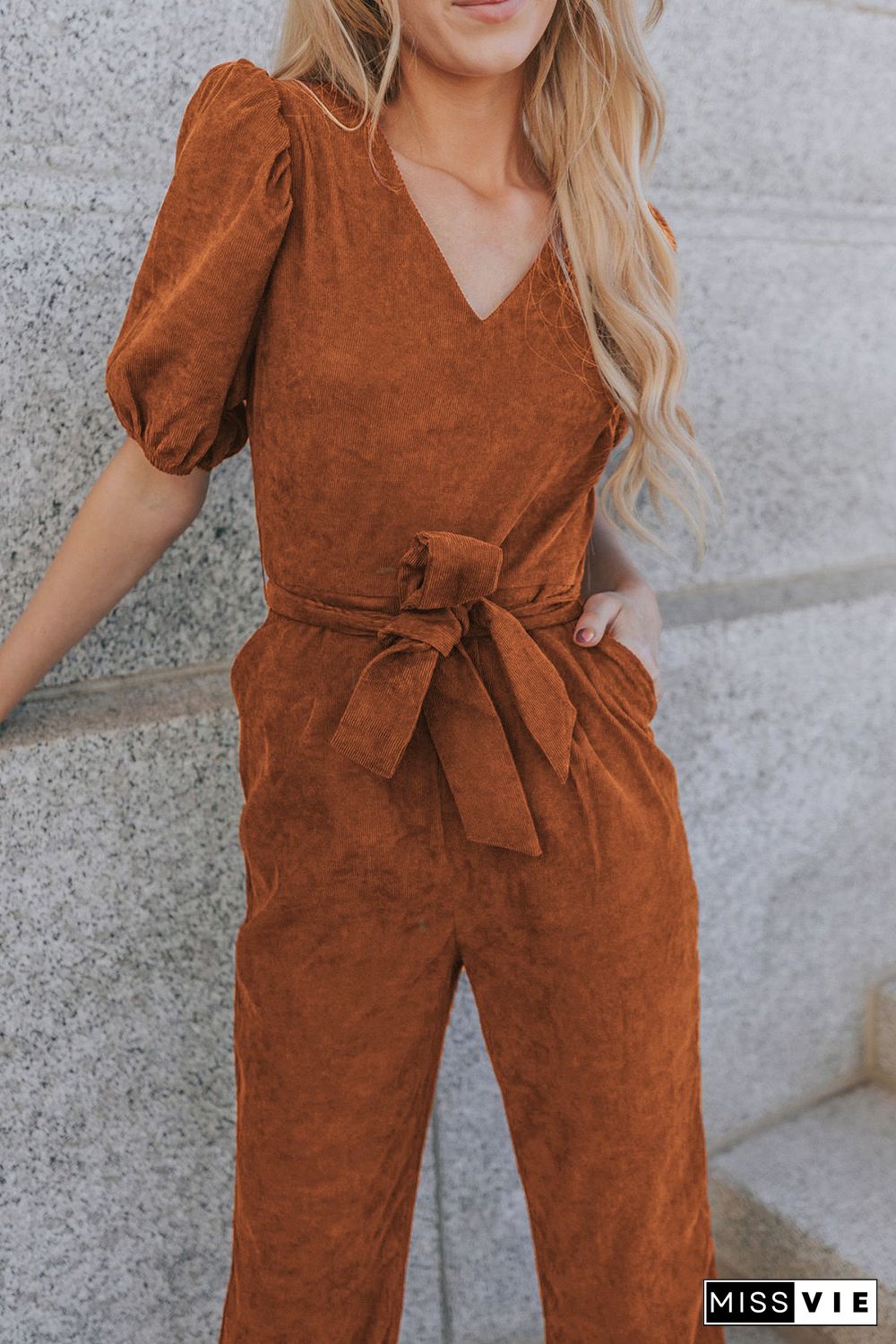 Brown Tie Knot Puff Sleeve Straight Leg High Rise Jumpsuit