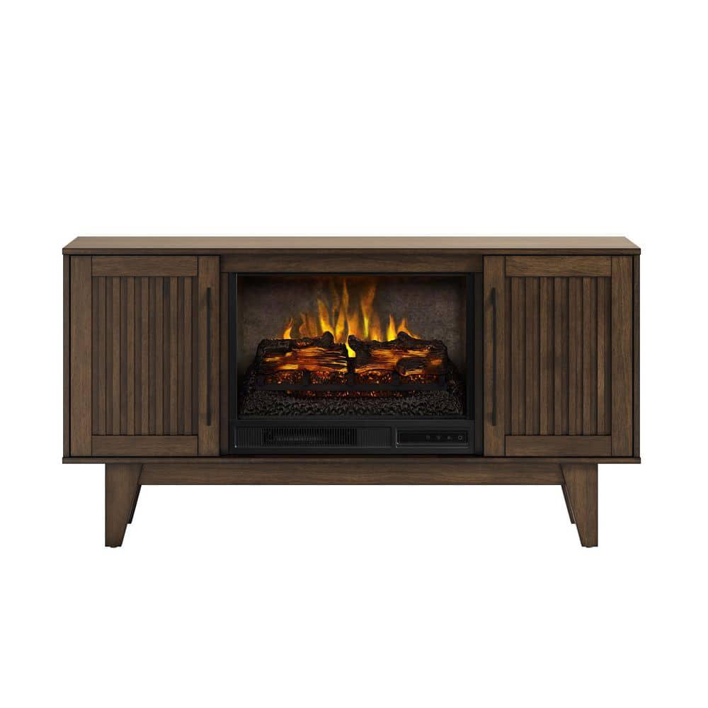 SCOTT LIVING Rosalie 54 in Freestanding Media Console Wooden Electric Fireplace in Warm Brown Birch