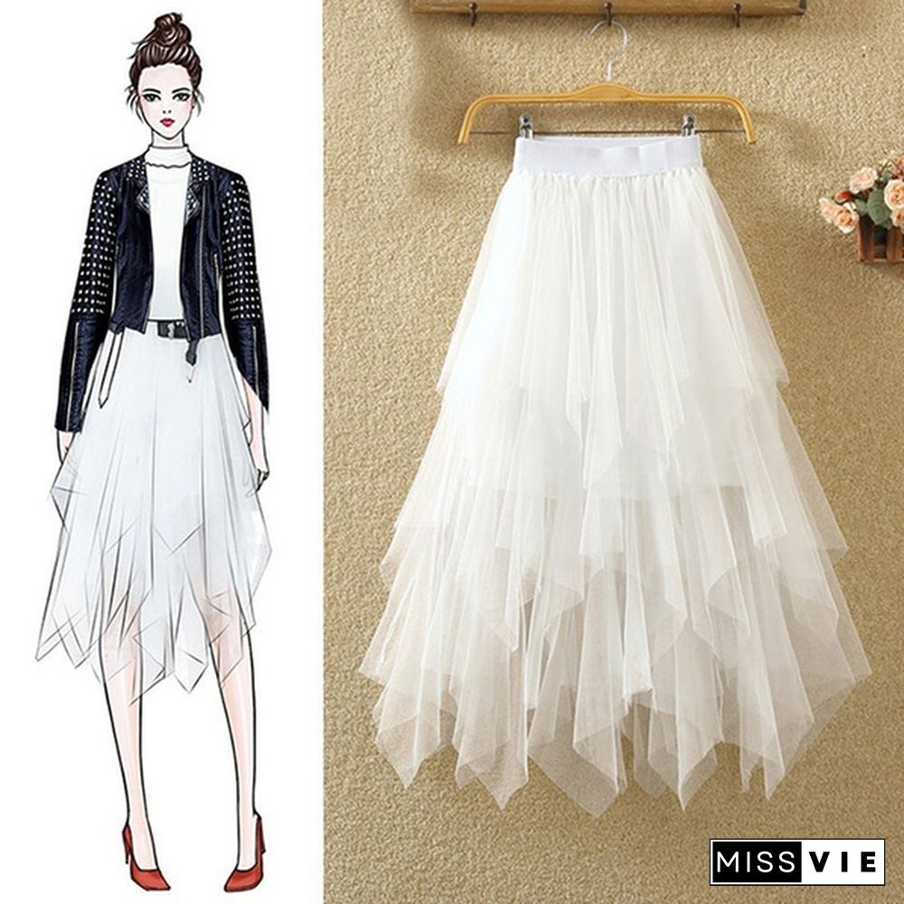 Women Summer Tulle Skirt Elastic Mesh Layered High Waist Pleated Ladies Midi Skirt