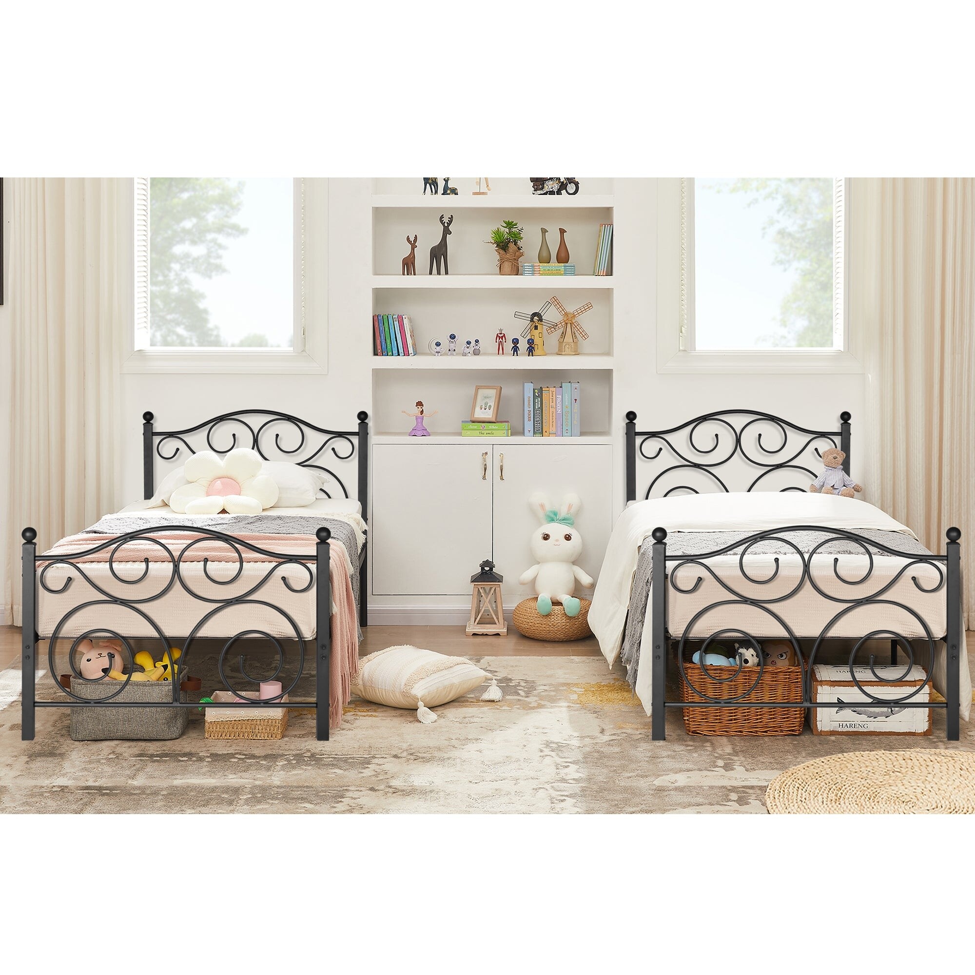 Taomika Bed Set of 2 Twin Size Platform Bed Frame with Headboard - - 36509853