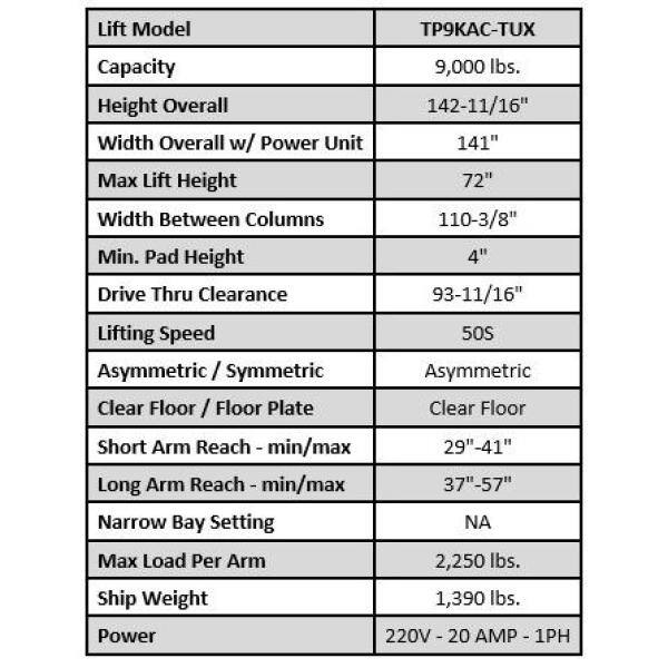 TUXEDO Asymmetric 2 Post Car Lift Clear Floor 9000 lbs. Capacity Heavy Duty in Black TP9KAC-TUX