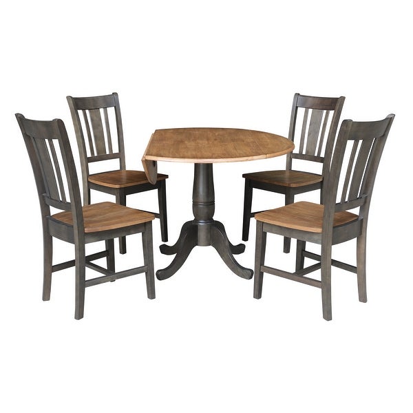 42 in. Round Dual Drop Leaf Dining Table with 4 Splatback Chairs - 5 Piece Set - Hickory/Washed Coal