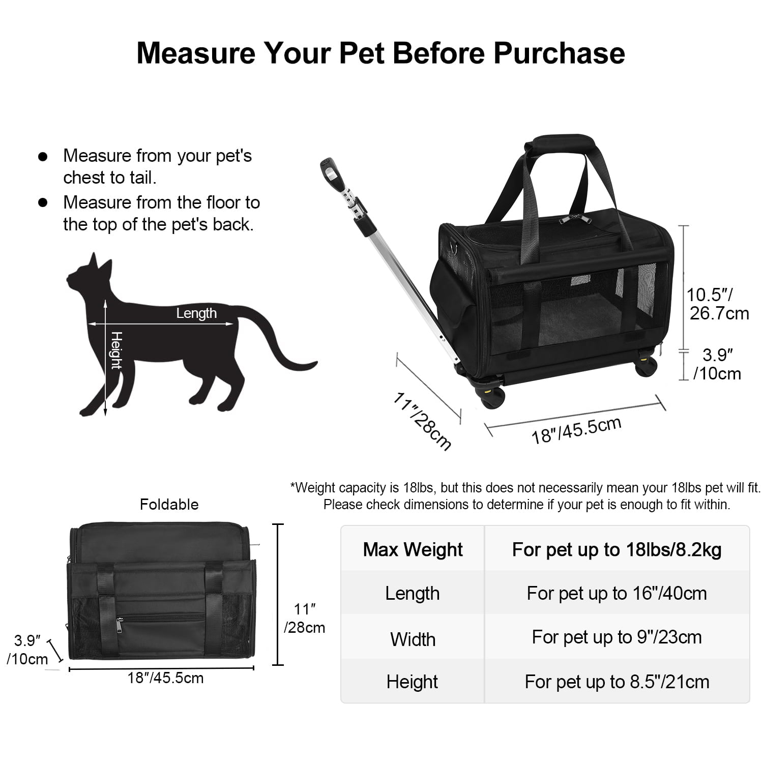 ELEGX Airline Approved Pet Rolling Carrier with Wheels for Pets up to 18 Pounds，Pet Rolling Carrier with Durable Handle and Flexible Wheels，Breathable Durable Mesh Panels