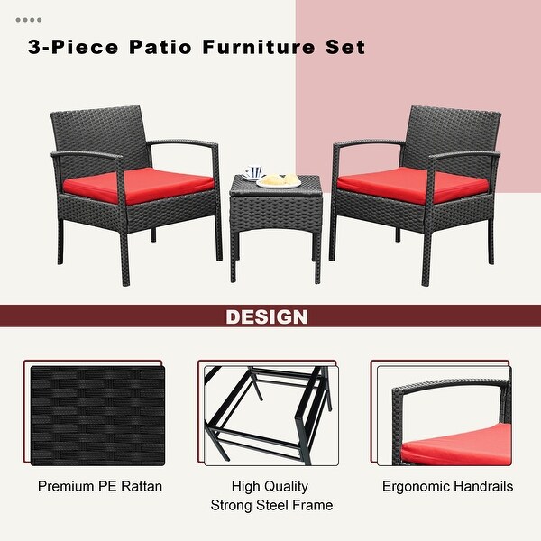 Outdoor Furniture 3 Piece Patio Bistro Furniture Set，Rattan Conversation Chairs Set with Side Table and Cushions