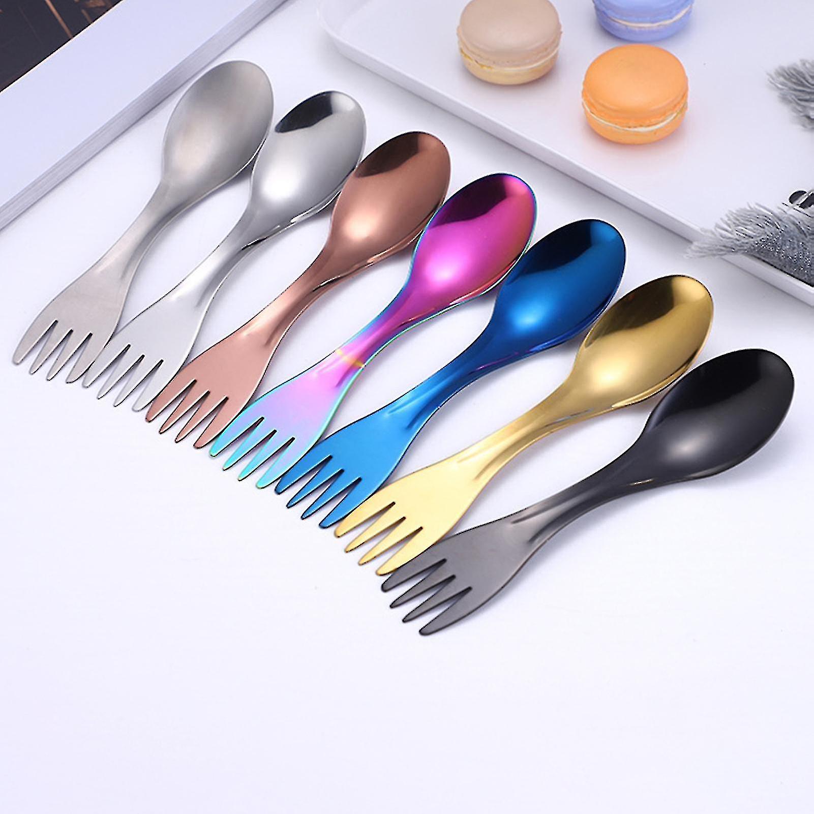 2pcs 2 In 1 Multi-purpose Camping Fork Thicken Comfortable Grip Long Service Life Picnic Spoon For Cooking