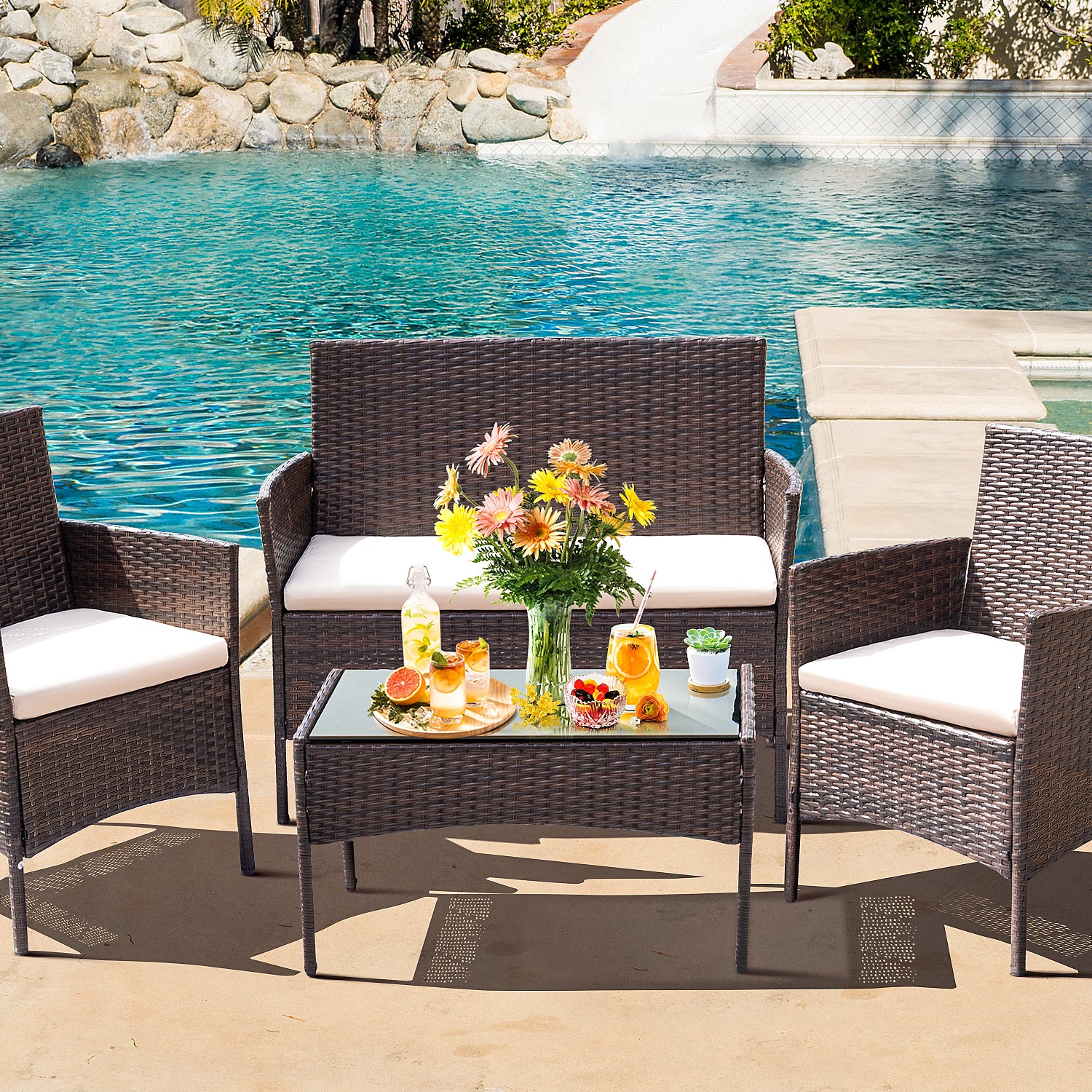 Homall 4 Pieces Outdoor Patio Furniture Brown PE Rattan Wicker Table and Chairs Set Backyard Poolside Garden Porch Sets with Cushioned， Beige Cushion Steel 320 lb