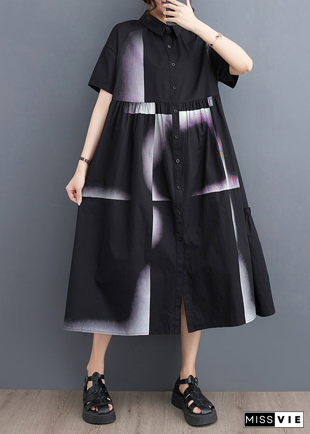 Fashion Black Print Patchwork Drawstring Button Maxi Dress Summer