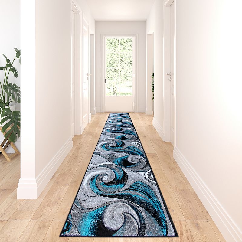 Masada Rugs Masada Rugs DaVincii Collection 3'x15' Modern Woven Runner Area Rug with Hand Carved Wave Design in Turquoise - Design D410