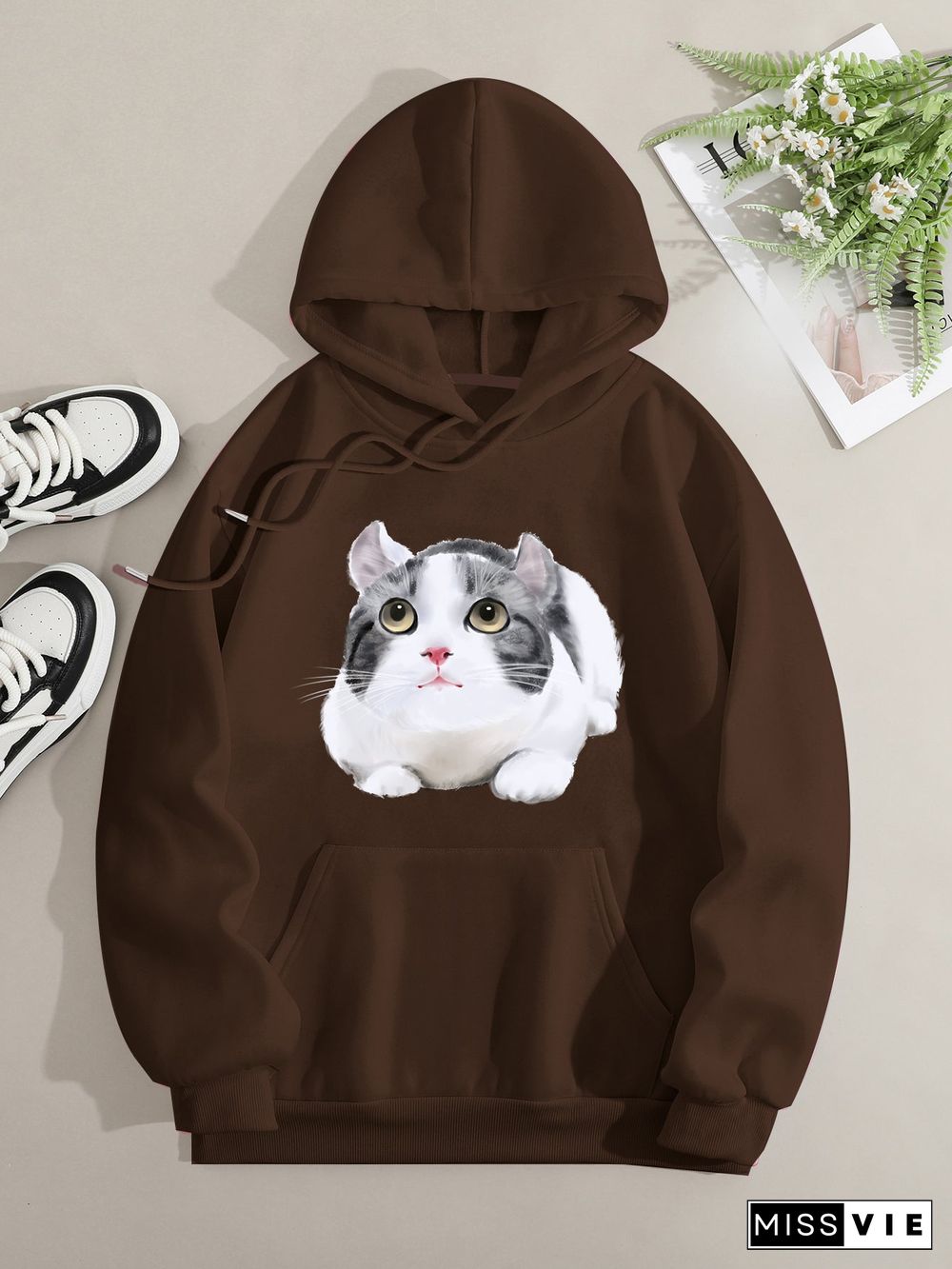 Printed on front Kangaroo Pocket Hoodie Long Sleeve for Women Pattern  Gray and White Cat