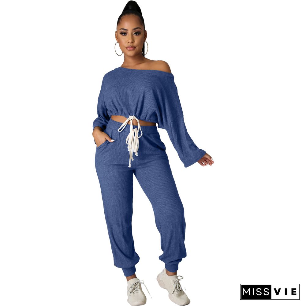 Solid Color Slant Shoulder Crop Top Pencil Pants Set