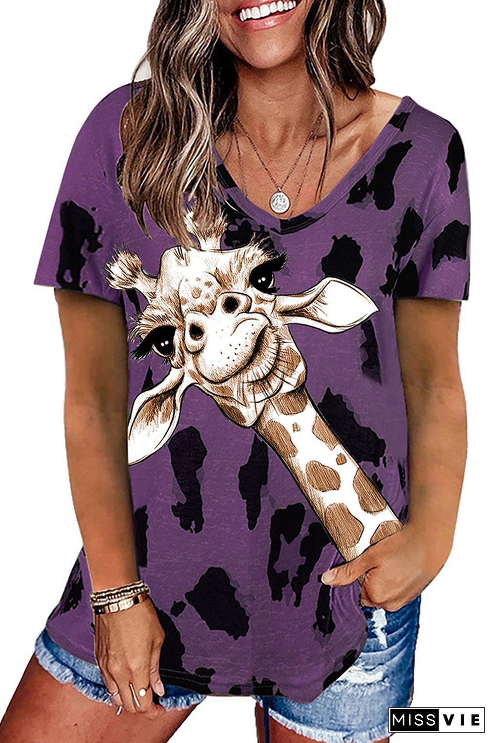 Giraffe Leopard Printed Casual Loose Short Sleeve T-shirt