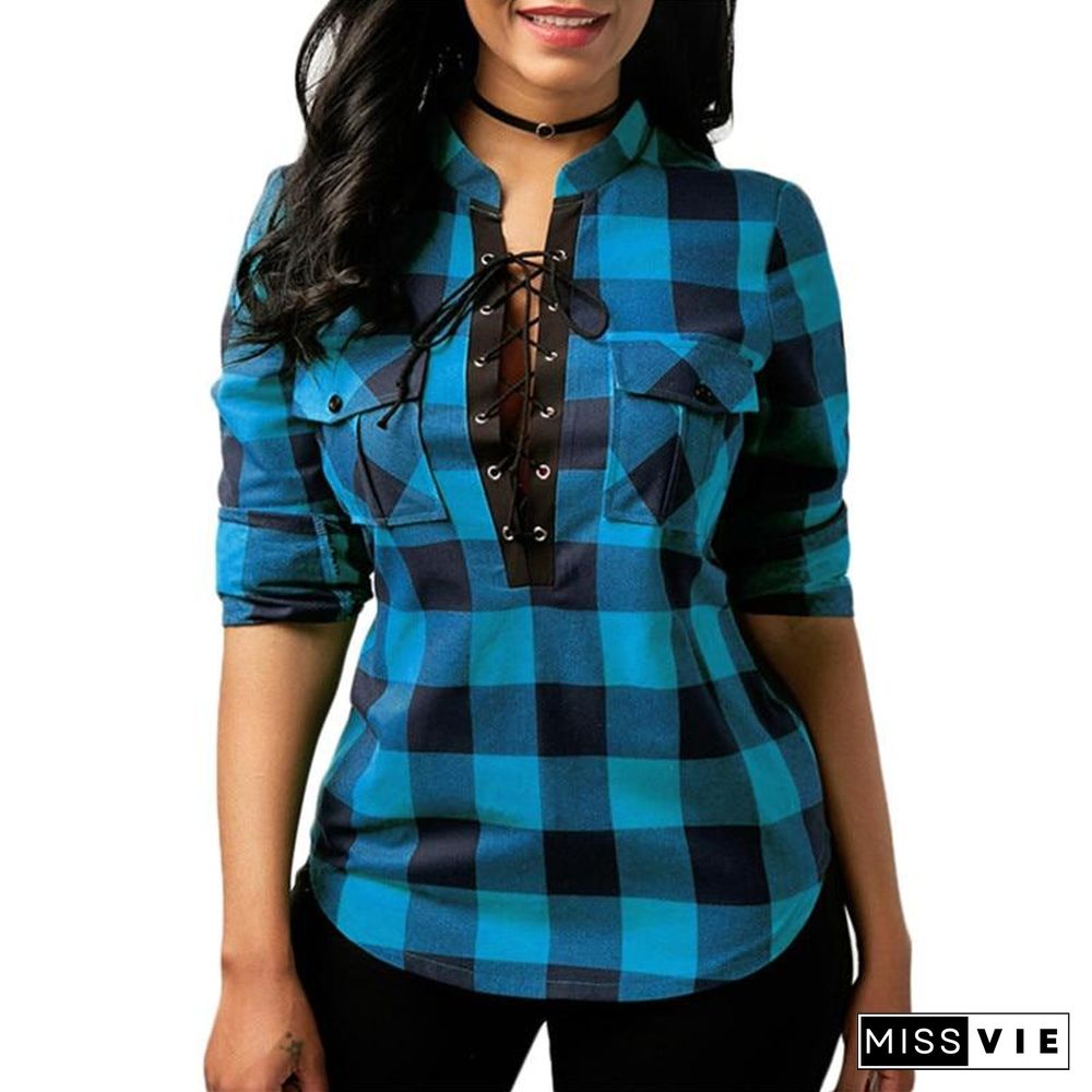 Women Plaid Shirts Long Sleeve Blouses Cotton Lace Up Tunic Casual Tops Plus Size