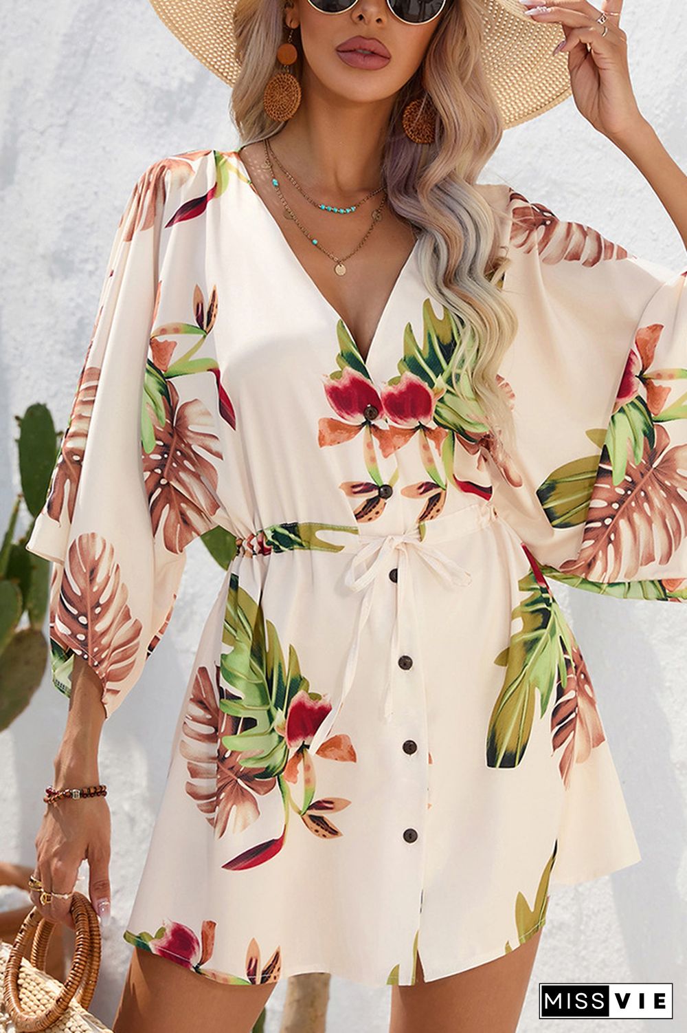 Open Button V Neck Drawstring Flare Sleeves Floral Dress