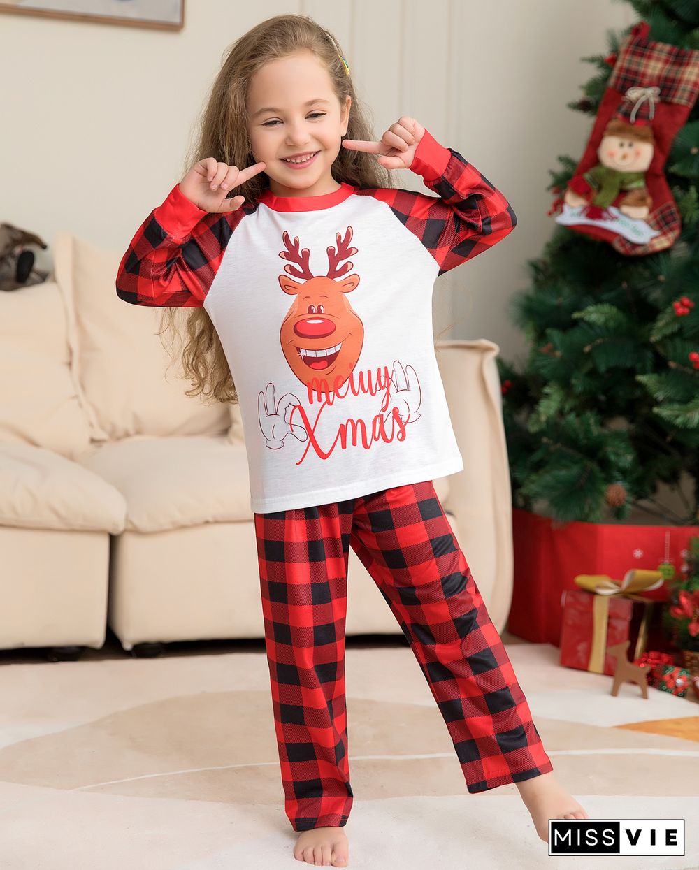 Christmas Cartoon Deer Plaid Parent-Child Sleepwear 2PCS