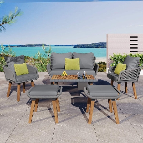 6 PCS Rope Outdoor Patio Furniture Set for 6 with Two Stools，Cool Bar Table Combo