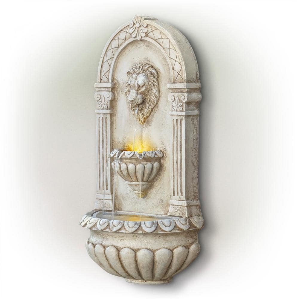 Alpine Corporation 32 in. Tall Outdoor Classical Wall-Mounted Water Fountain with Lion Head and LED Lights TZL160