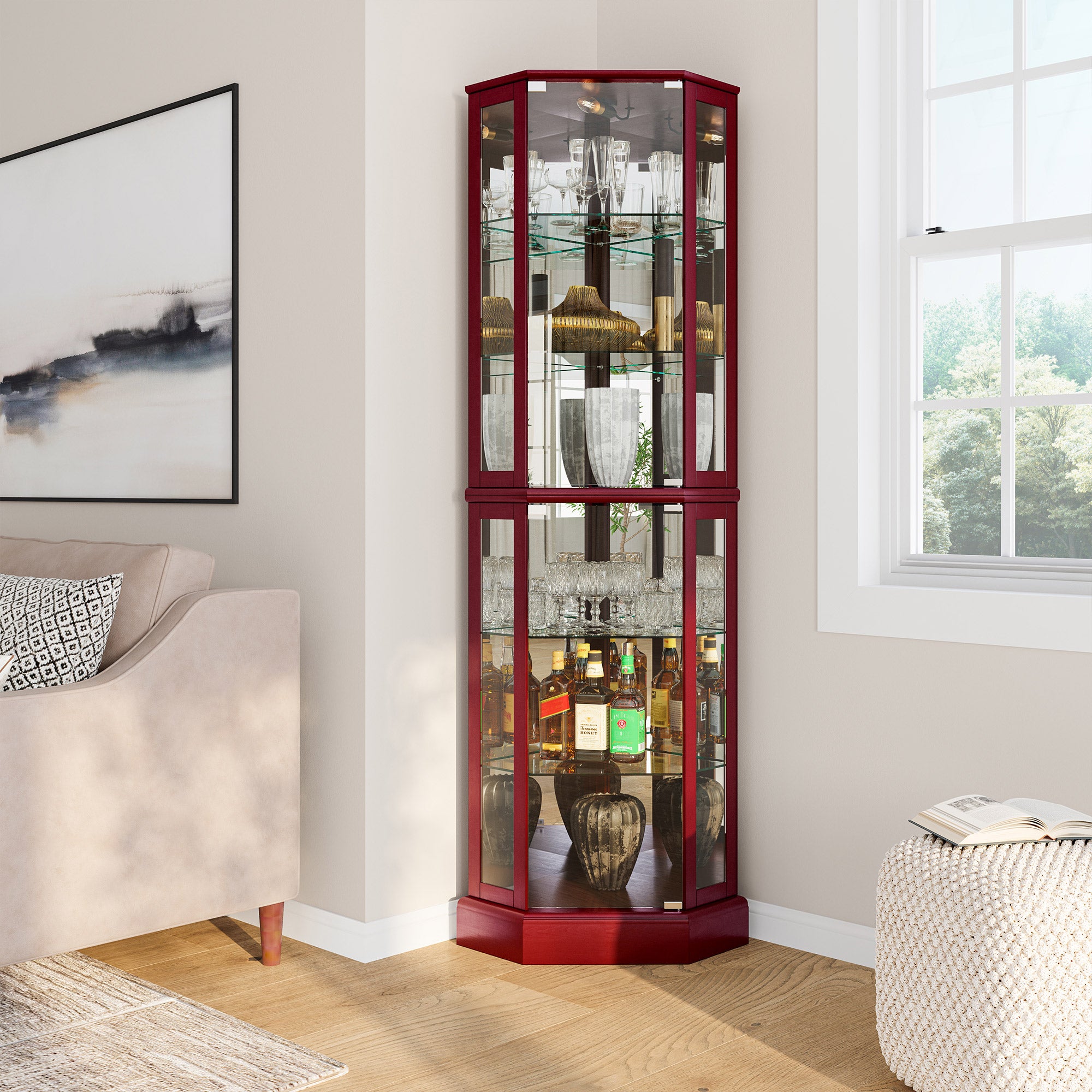 BELLEZE Ashfield Lighted Wood/Glass Curio Corner Cabinet Floor Standing， Cherry