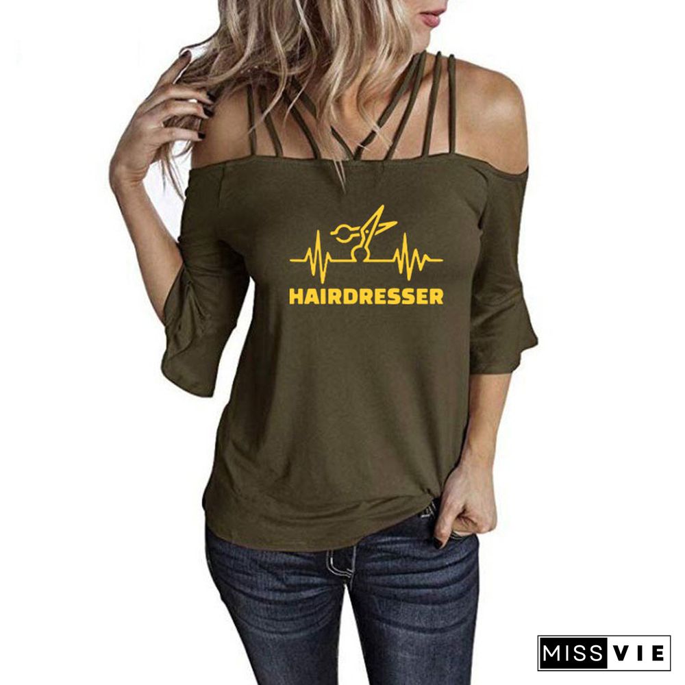 New Fashion Summer Heartbeat Hairdresser T Shirt Women Casual Cotton Short Sleeve GirlsShoulderSling Tee Tops