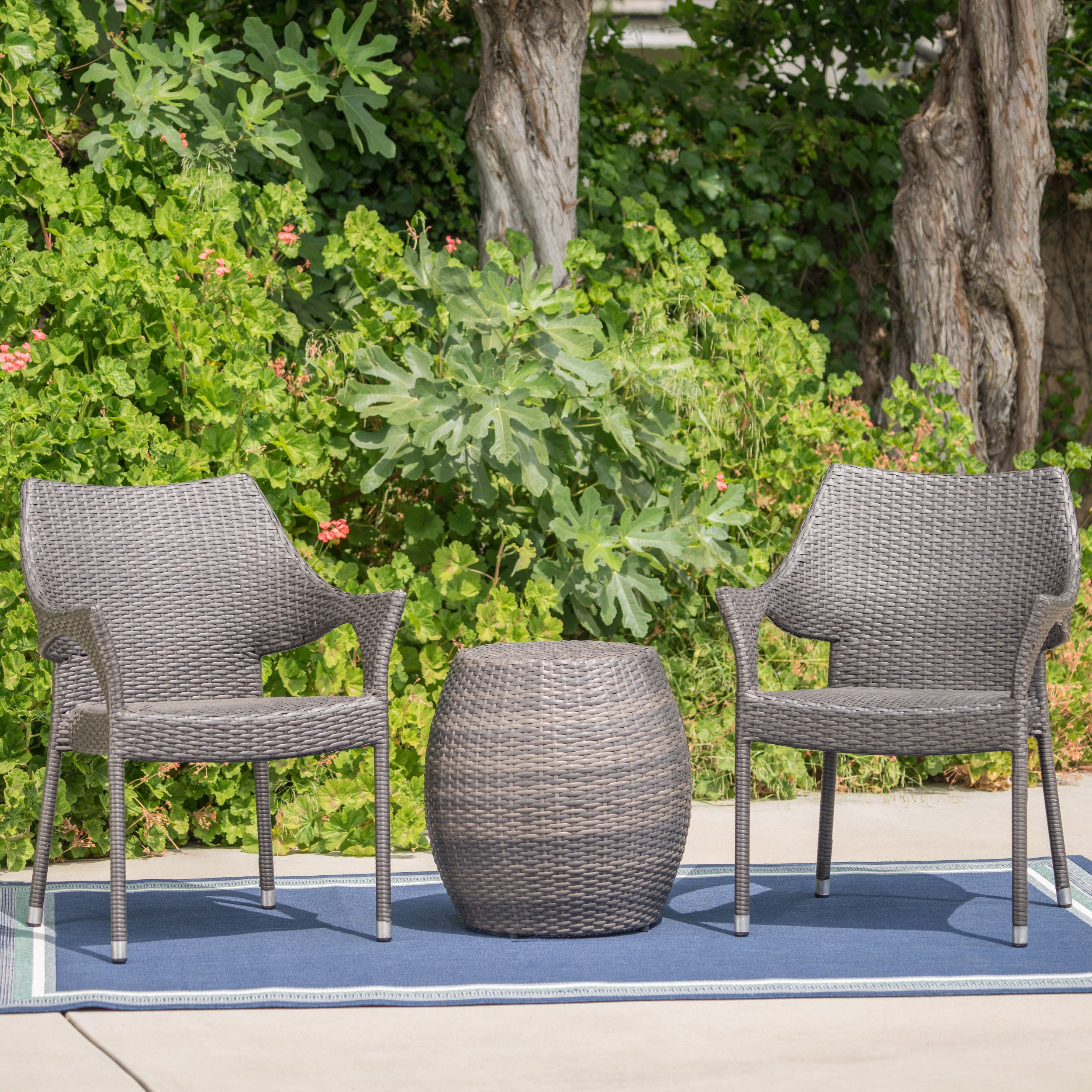 Alfheimr Outdoor 3 Piece Grey Wicker Stacking Chair Chat Set