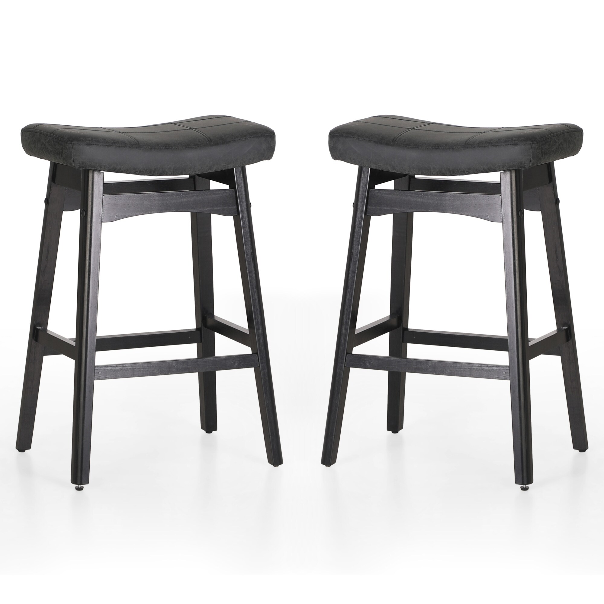 24 Inch Solid Wood Barstools with Linen / PU Leather Fabric Cushion， Set of 2