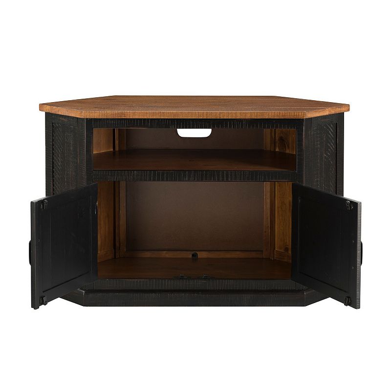 Rustic Style Wooden Corner TV Stand with 2 Door Cabinet， Brown