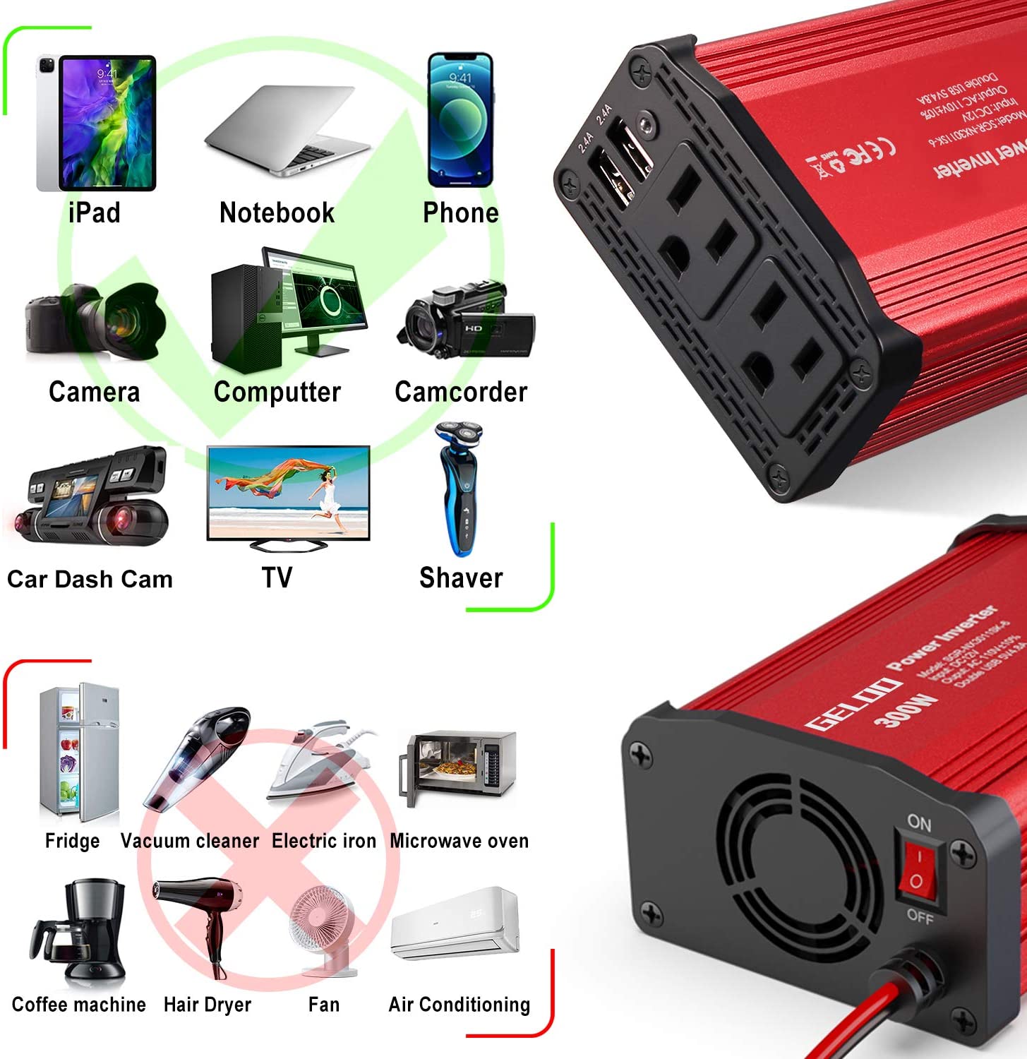 Upgraded 300W Power Inverter， DC 12V to 110V AC Car Power Converter