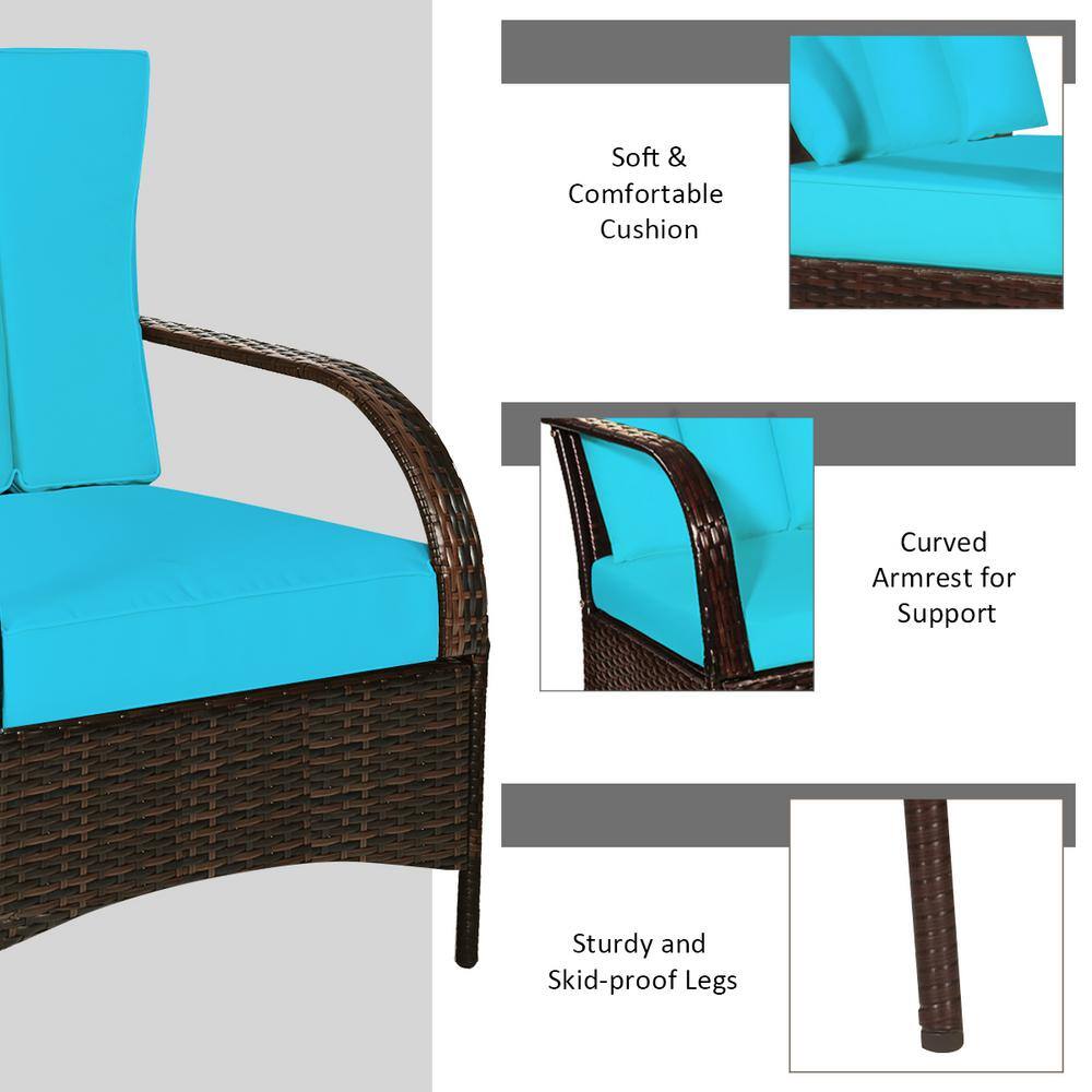 Costway Brown 3-Piece Wicker Patio Conversation Seating Set with Turquoise Cushions HW65850TU