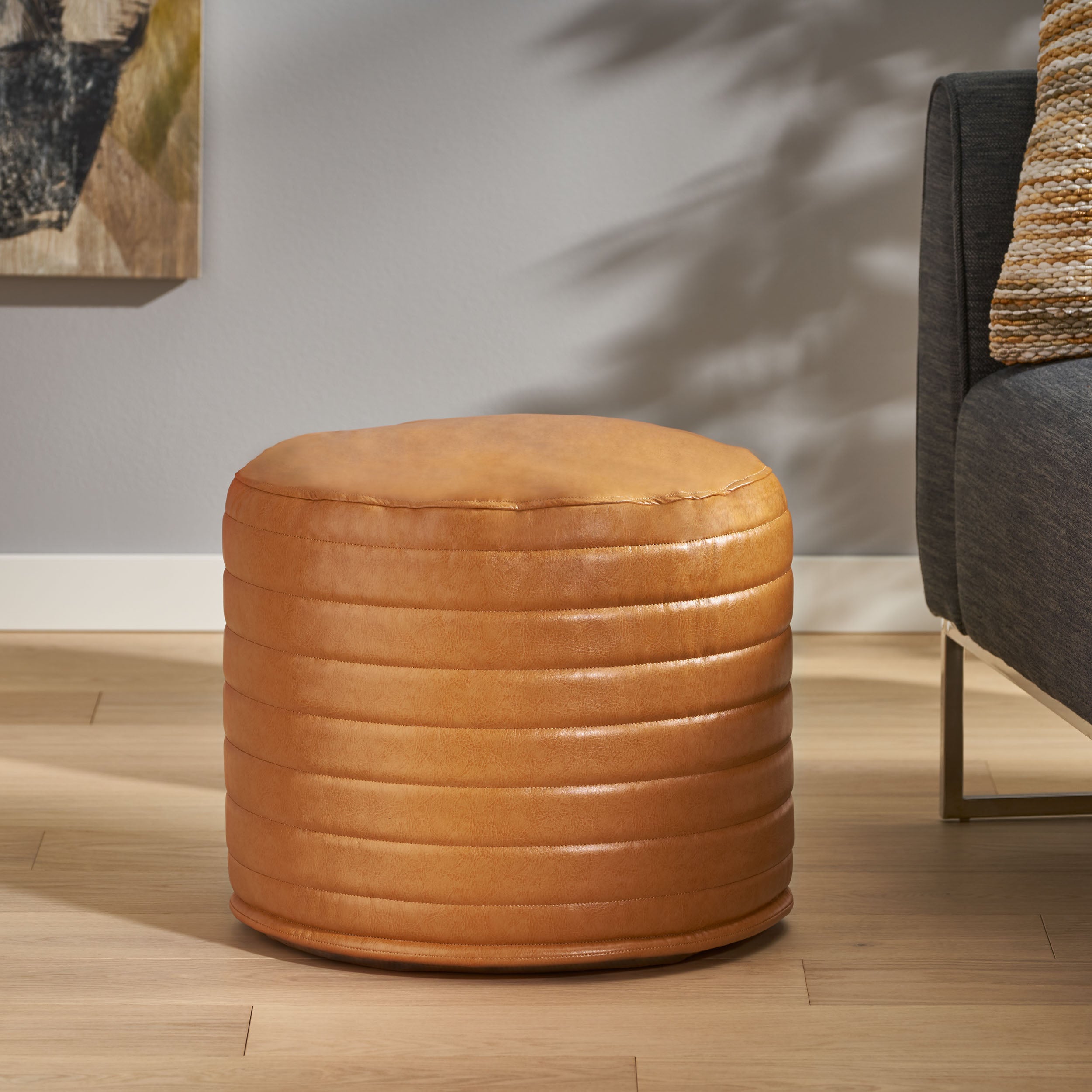 Conrail Contemporary Faux Leather Channel Stitch Pouf