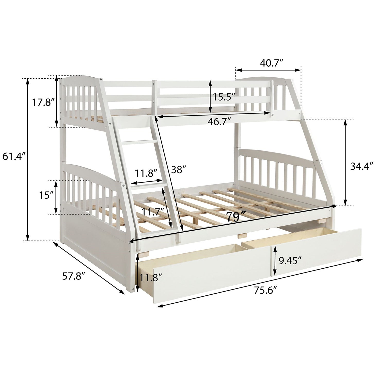 Twin Over Full Bunk Bed with Two Storage Drawers, Pinewood Bed Frame and Ladder with Guard Rails for Toddlers, Kids, Teens, Boys and Girls, White