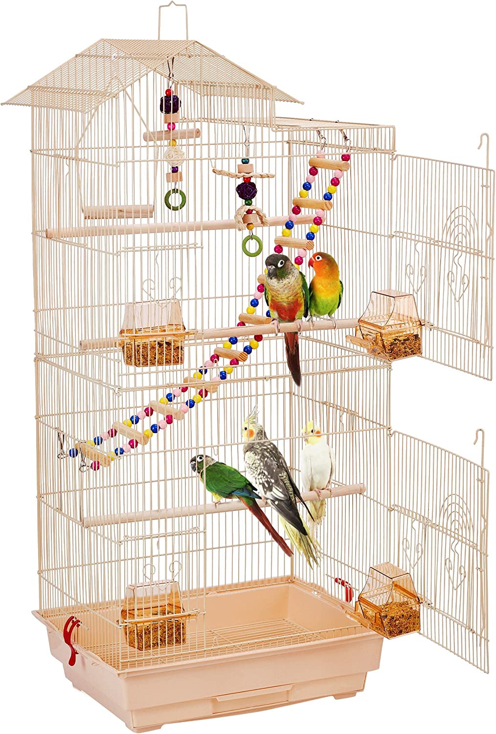 39'' Large Roof Top Bird Cage Metal Parrot Cage Lovebird Huge House Birdcage w/Toys and Swing and Ladder for Small Birds Canary Budgie Cockatiel