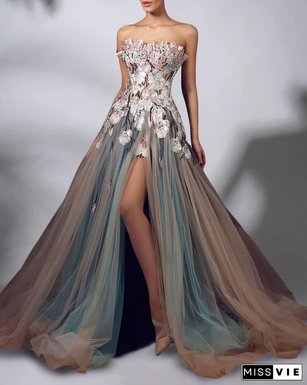 Embellished Evening Gown Long Tulle Dress ?- 01