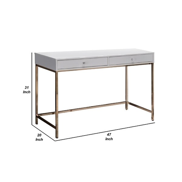 47 Inch Desk Console Table， 2 Drawers， Metal Frame， White， Gold